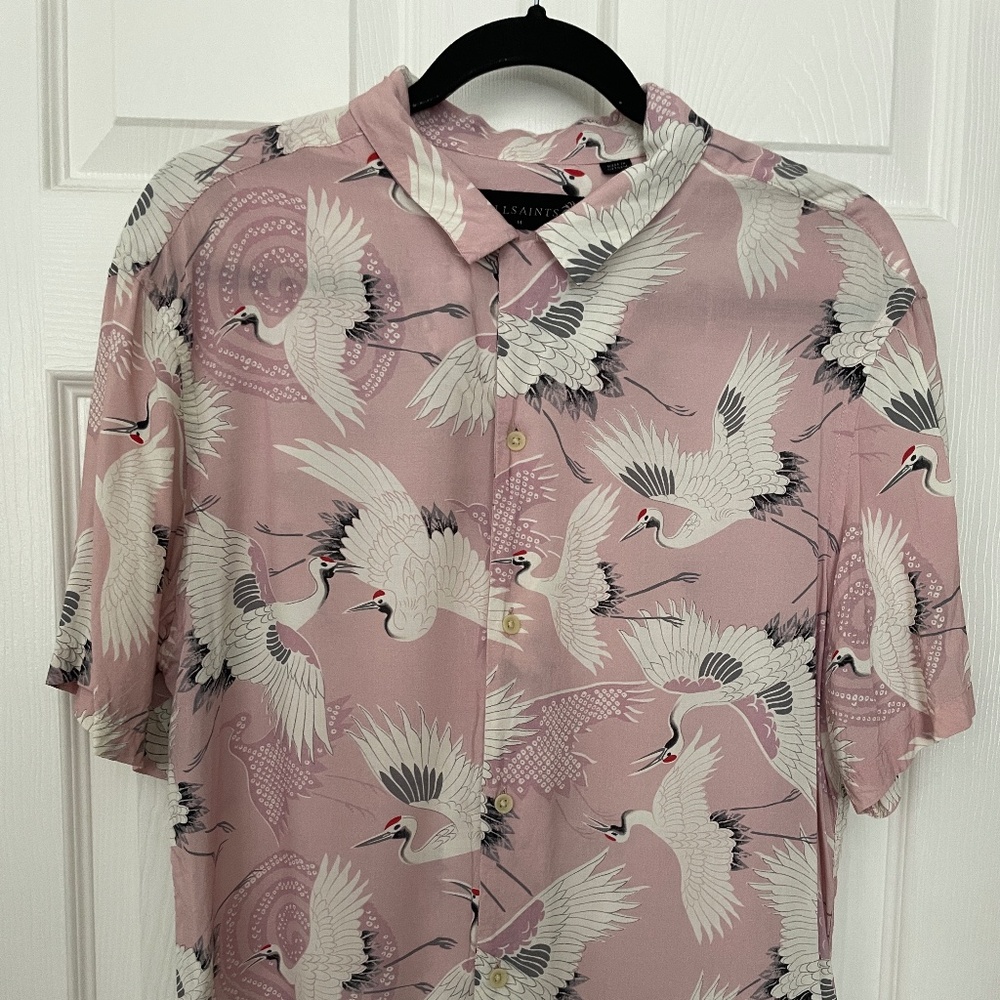 RARE - ALL SAINTS Tsuru Shirt MENS MEDIUM ORIENTAL CRANES BLOSSOM PINK